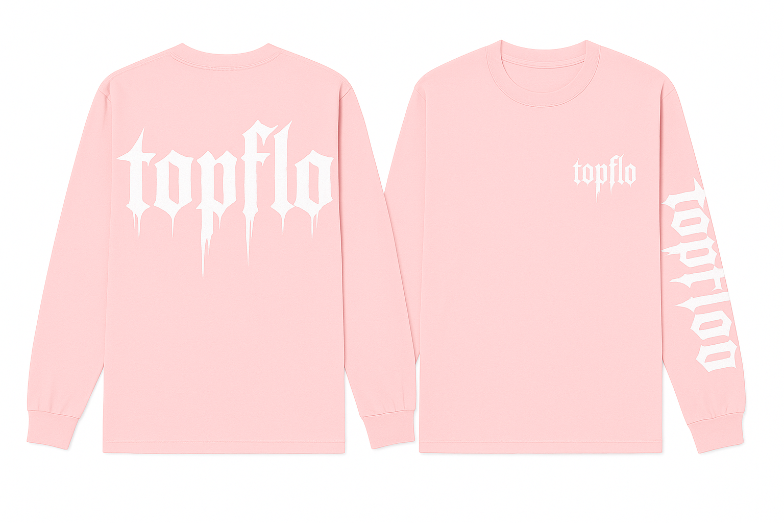 Pink topflo shirt with white lettering