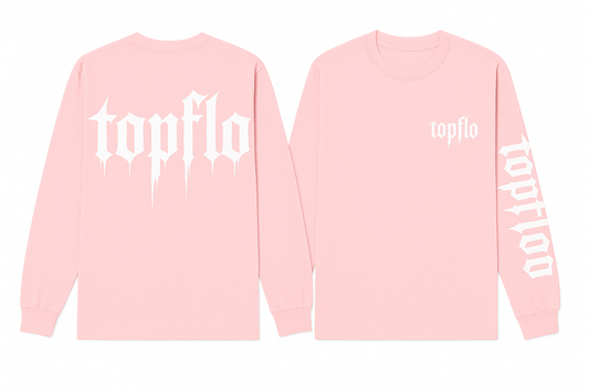 Pink topflo shirt with white lettering