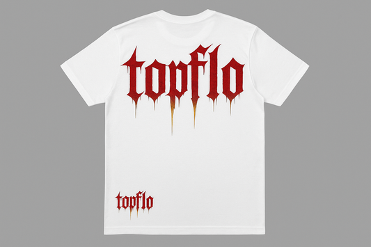 White t-shirt with black and gold topflo logos